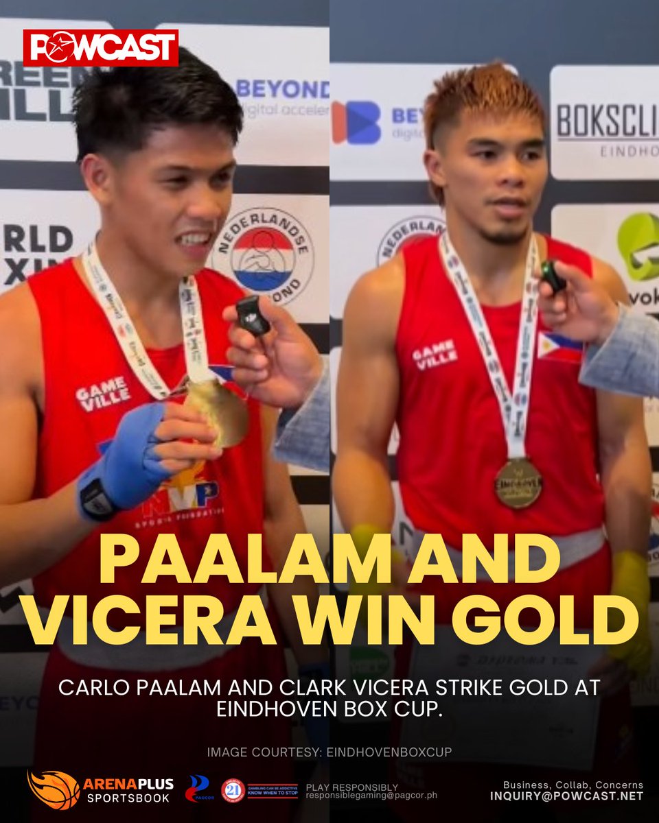 POWCASTSPORTS's tweet photo. Filipino boxers Carlo Paalam and Clark Vicera captured gold medals at the Eindhoven Box Cup International Boxing Tournament in the Netherlands.

Paalam topped the men's 55kg division, while Vicera ruled the 50kg category.

#Powcast #Boxing
-Admin Light https://t.co/QptN5Z9Olp