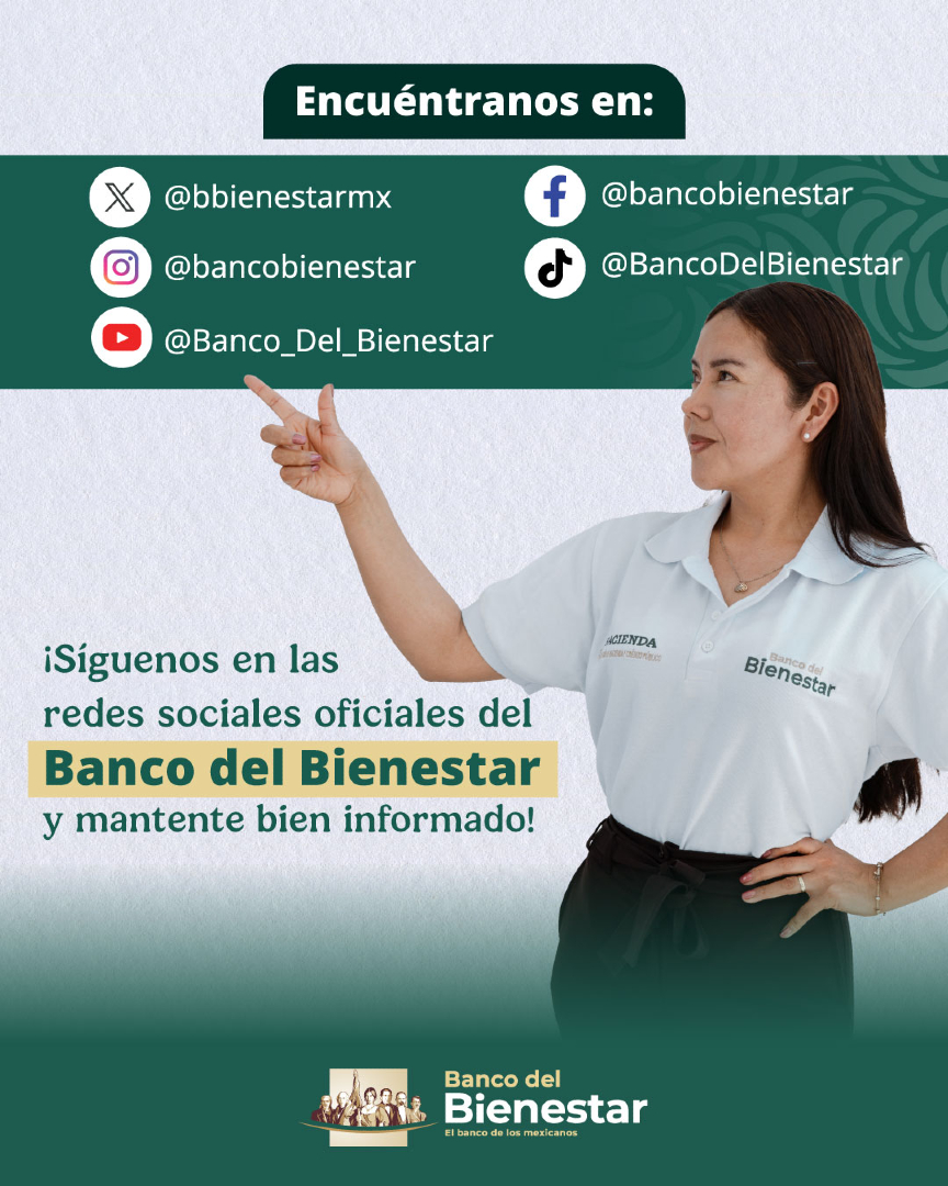 bbienestarmx's tweet photo. Estas son las redes sociales oficiales del #BancoDelBienestar:

Encuéntranos en: 
Facebook: @bancobienestar
X: @bbienestarmx
Tiktok: @BancoDelBienestar
Instagram: @bancobienestar
Youtube: @Banco_Del_Bienestar

Síguenos para mantenerte al tanto de nuestra información oficial.

#ElBancoDeLasYLosMexicanos