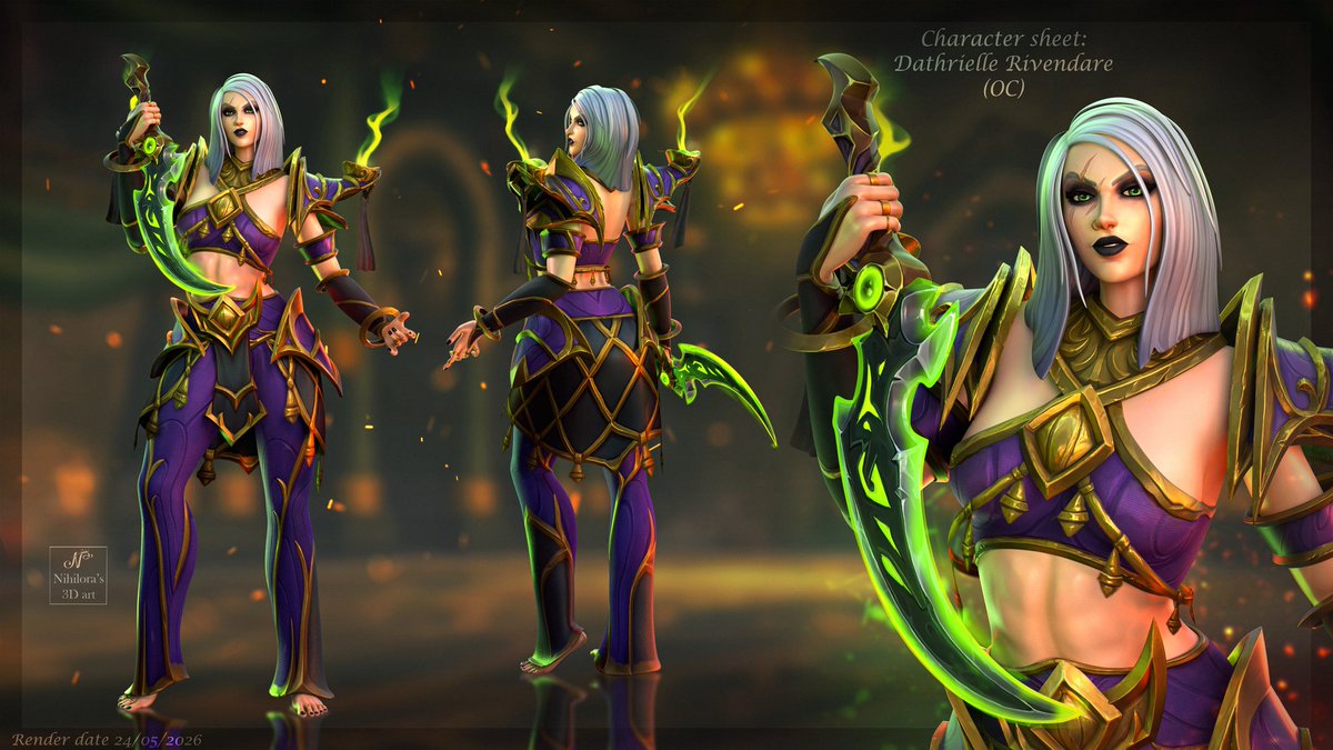 nihilora's tweet photo. 💚 Dathrielle Rivendare ❤️‍🔥

Another character sheet made for Reknyr (Discord), this time featuring his new gorgeous OC Dathrielle Rivendare 🔥

#worldofwarcraft #warcraftart #warcraft #blender3d https://t.co/Apdtj8cvOL