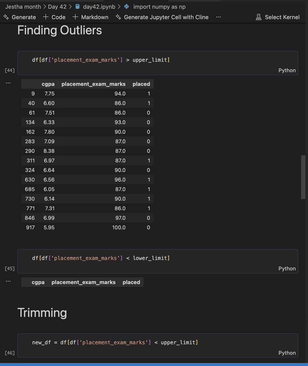 Bipin__Paudel's tweet photo. 🚀 Day 42 of #111DaysOfLearningForChange!

Worked on IQR-based outlier detection using the placement dataset. Used the 1.5 * IQR rule for trimming and capping extreme values.

@CodeForChangeNp

#42Days #CodeForChange https://t.co/EjdYhst2lX