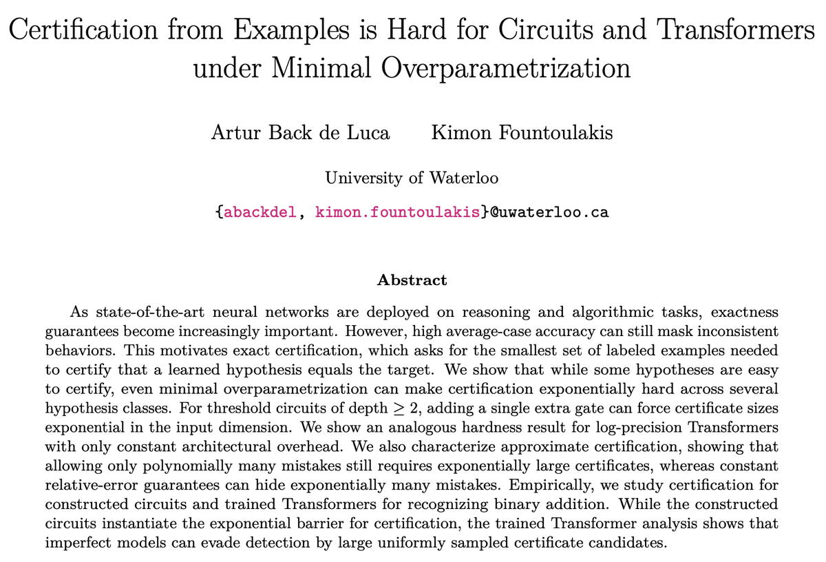 backdeluca's tweet photo. New paper out! 🎉

In reasoning and algorithmic settings, a trained model can reach high accuracy and still fail to implement the target behavior on a small set of inputs. 

So we ask: how many labeled examples does it take to certify that the model computes the target function? https://t.co/ICXEL0lFu5