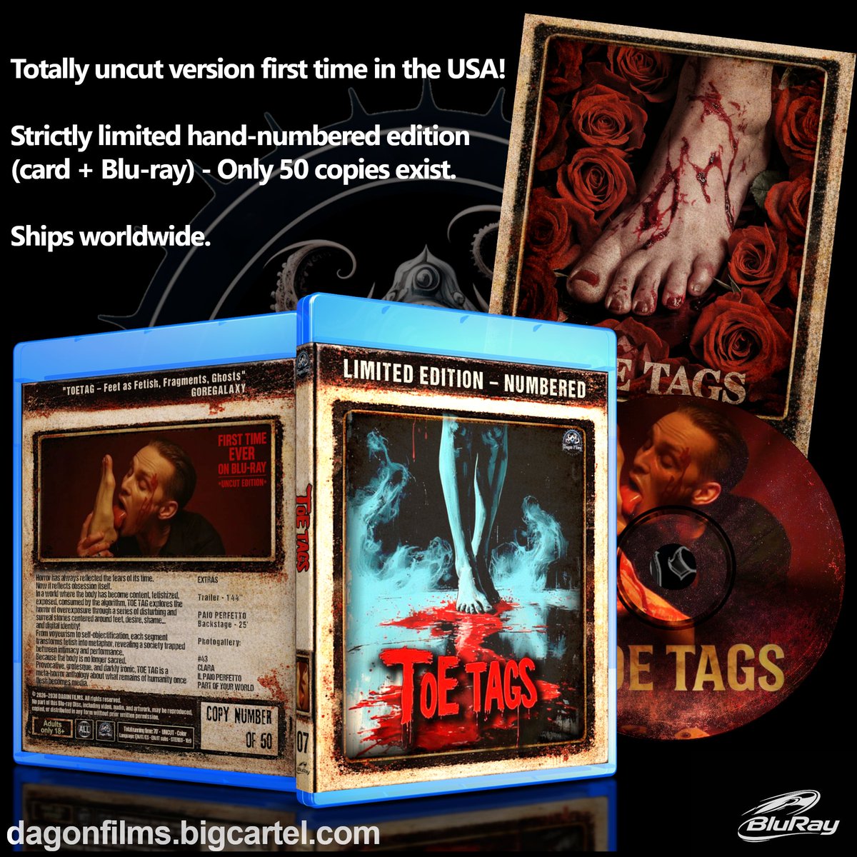 DevlinV666's tweet photo. UNDERTOW COLLECTION – Spine 7
TOE TAGS

The next wave from Dagon Films  Undertow Collection is here.

TOE TAGS sinks into fetish, fear, obsession, and bodily horror through a collection of strange, disturbing, and darkly intimate stories centered around feet, desire, shame, and the things people try to hide.

Featuring work from Domiziano Cristopharo, Irene Jones Baruffetti, Adam Ford, Cory DeAn Cowley, Jon Devlin, and Pete Lankston.

Presented in a totally uncut version for the first time in the USA, in a strictly limited hand-numbered collector edition with Blu-ray + collector card.

Only 50 copies exist.
Ships worldwide.
PREORDERS BEGIN MAY 31ST

https://t.co/Rgoq9qJ2NM 

#DagonFilms #UndertowCollection
#ToeTags #ExtremeCinema
#BlurayCollector #FootFetish #Feet