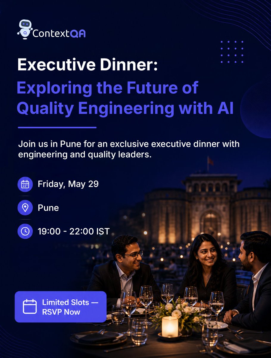 ContextQa's tweet photo. 🍽️ Pune | May 29
Join engineering &amp; QA leaders for an exclusive executive dinner on the Future of Quality Engineering with AI.

Topics:
✨ Agentic AI in testing
✨ Scaling QA with AI
✨ Leading quality in the AI era

🕖 7 PM onwards
📍 Pune
🔗 https://t.co/D5XiX0gtqs

#ContextQA https://t.co/2StB4dsVJP