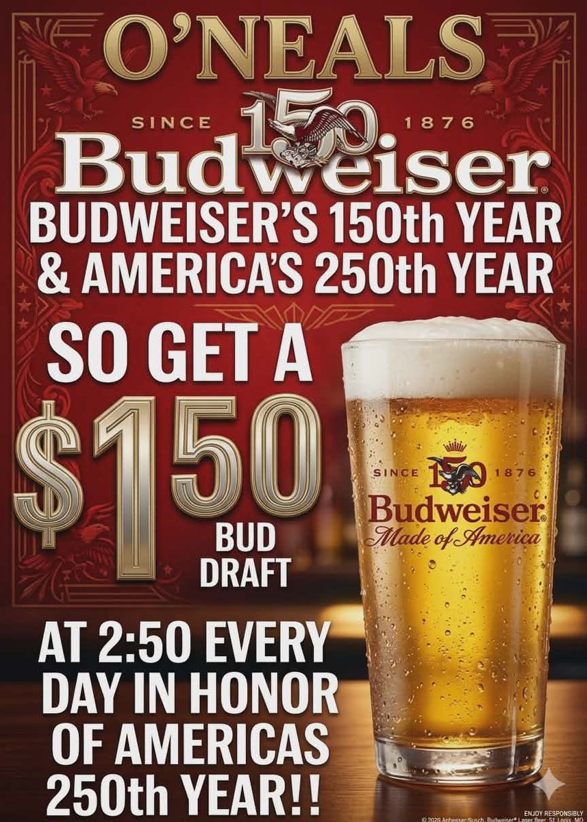ONealsPubPhilly's tweet photo. Starting Monday #MemorialDay and going all the way to #laborday O'Neals Pub will offer Budweiser draft pints for $1.50 during Americas 250th birthday while #budweiser celebrates its 150th birthday - only catch is it will be only available everyday at 2:50pm !! Starts today !! https://t.co/PQnLXrAlN9