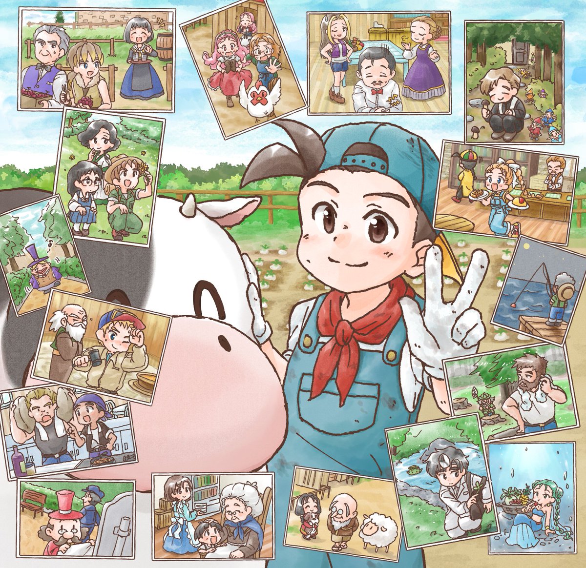 hitujigameemee's tweet photo. #牧場物語30th思い出

ペンネーム：コメーメ
タイトル：レンズ越しのミネラルタウン

カノーさんが町の人を撮って歩いているイメージで描きました。(女神様いますが☺)
みんなここで暮らしてるんだな、今ご飯食べてるのかなぁ。とか思いながら家の明かりをぼんやり眺めつつ牧場に帰るのが好きでした。 https://t.co/YH7JKOBttW