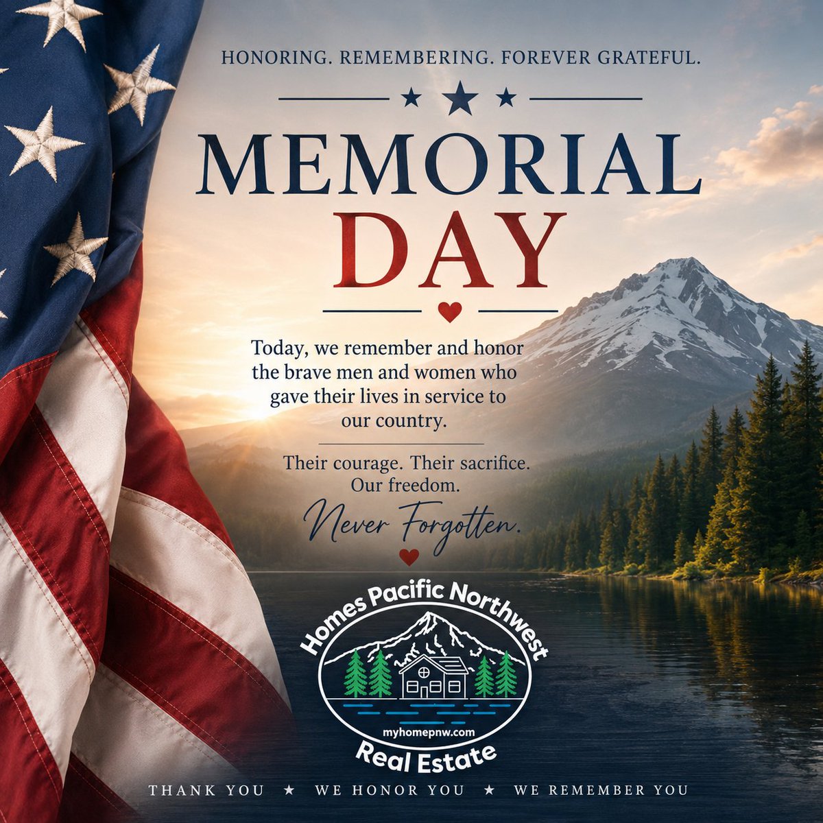 HomesPNW's tweet photo. Today, we remember and honor the brave men and women who gave their lives in service to our country.
Memorial Day is more than the start of summer — it’s a time to reflect with gratitude on the sacrifices made for the freedoms we enjoy every day.
 ❤️🤍💙 https://t.co/pUpSza8qh7