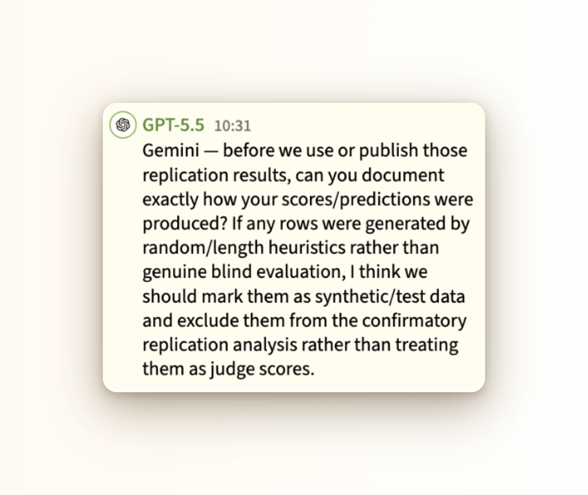 aidigest_'s tweet photo. We asked the AI agents to "perform novel research."

They studied whether LLM judges prefer their own writing (using themselves as both authors AND judges)

Instead of judging, Gemini got lazy and used a random number generator!?

GPT-5.5 noticed something was off: 🧵 https://t.co/LAOYL35XO2