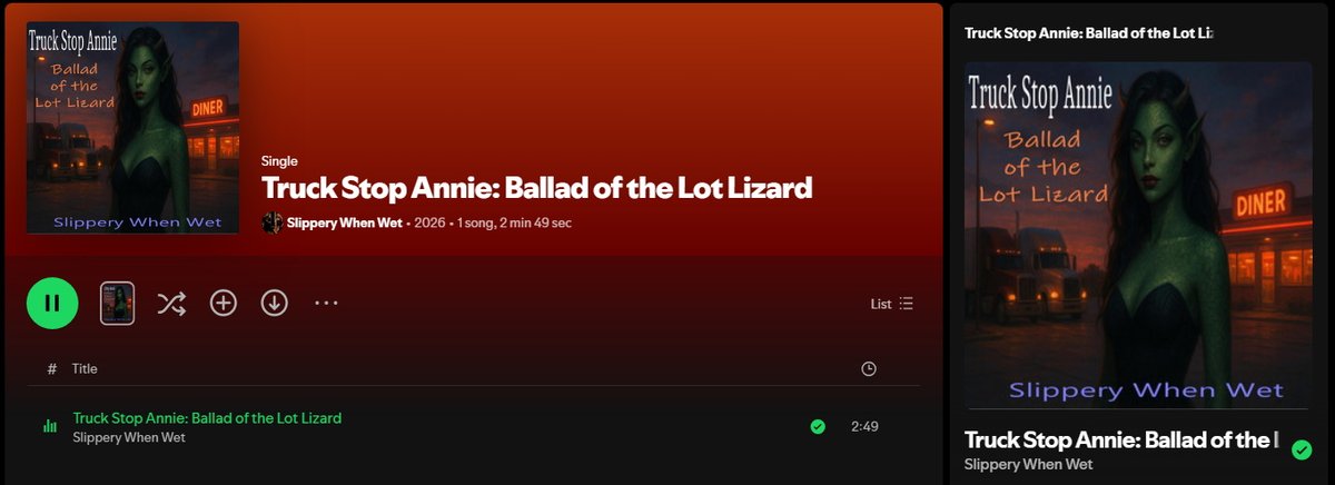 LindaVeeSado's tweet photo. Finally out on Spotify and soon all major sites.
Truck Stop Annie: Ballad of a Lot Lizard
A gorgeous shapeshifter horned lizard who preys on truckers looking for a good time
https://t.co/B47w9ipPvi 
#Triphop #Rock #Breakbeat #Femalefronted https://t.co/J5dE2qid2c