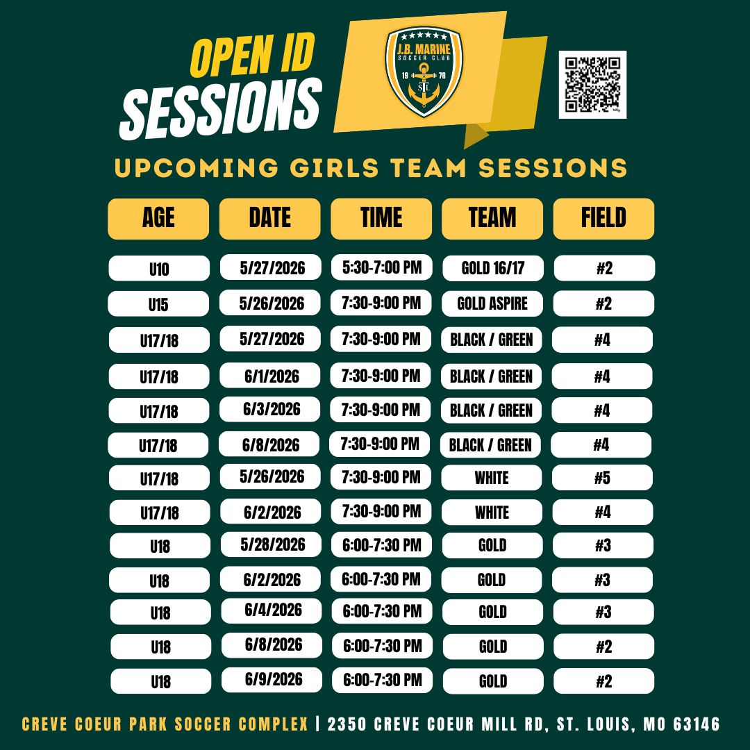 JBMarineSC's tweet photo. Upcoming open ID sessions for girls teams!  Click on the link for more information, our handy age group finder or to register today! 💚🔥⚽
🔗 https://t.co/EluSkvV4qM https://t.co/mbjx9kksbu