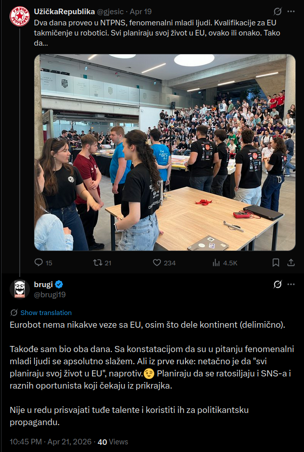brugi19's tweet photo. @DukicLjubomir @ftn_se_budi Ali jeste jedan da kaže "Eto, idu na EU takmičenje, znači da svi planiraju život u EU". 😁 https://t.co/CCUEcGSoIm