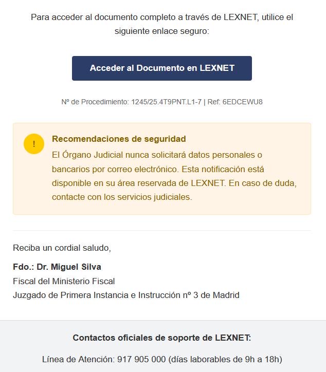ICAMURoficial's tweet photo. AVISO URGENTE: campaña de phishing que suplanta notificaciones de LexNET (ANEXO)

ICAMUR, a través de la Sección TIC, os informa de la circulación de un correo electrónico fraudulento que suplanta una supuesta notificación judicial de LexNET.

Aquí los ejemplos ⬇️⬇️ https://t.co/hgzmjWPrFg