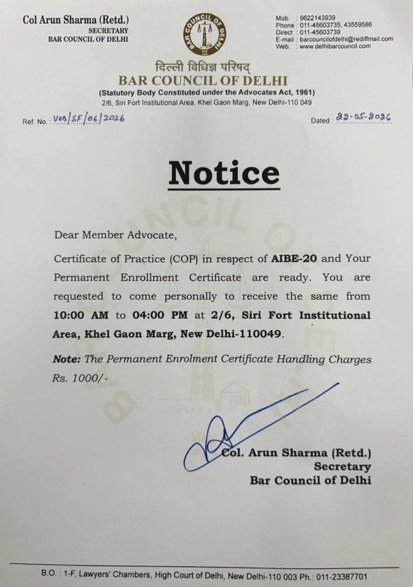 AdvRenuU's tweet photo. “Certificate Handling Charges” Rs. 1000/-?
What exactly is being “handled” here besides the pockets of young advocates?

After hefty AIBE registration fees, Bar Council enrolment fee, charging another Rs 1000 just to hand over a certificate is absurd but a creative revenue model https://t.co/gWNuzcZwGT