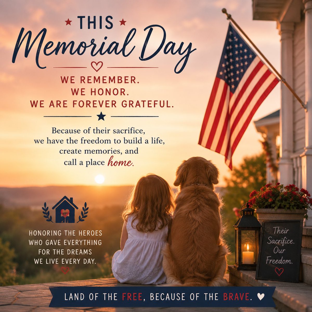 MHL_SD's tweet photo. Because of their sacrifice, we have the freedom to build a life, create memories, and call a place home. 🇺🇸❤️
This Memorial Day, we honor the heroes who gave everything for the dreams we live every day.

#MemorialDay #HonorAndRemember #ForeverGrateful #Homeownership https://t.co/48ULHfLqQk