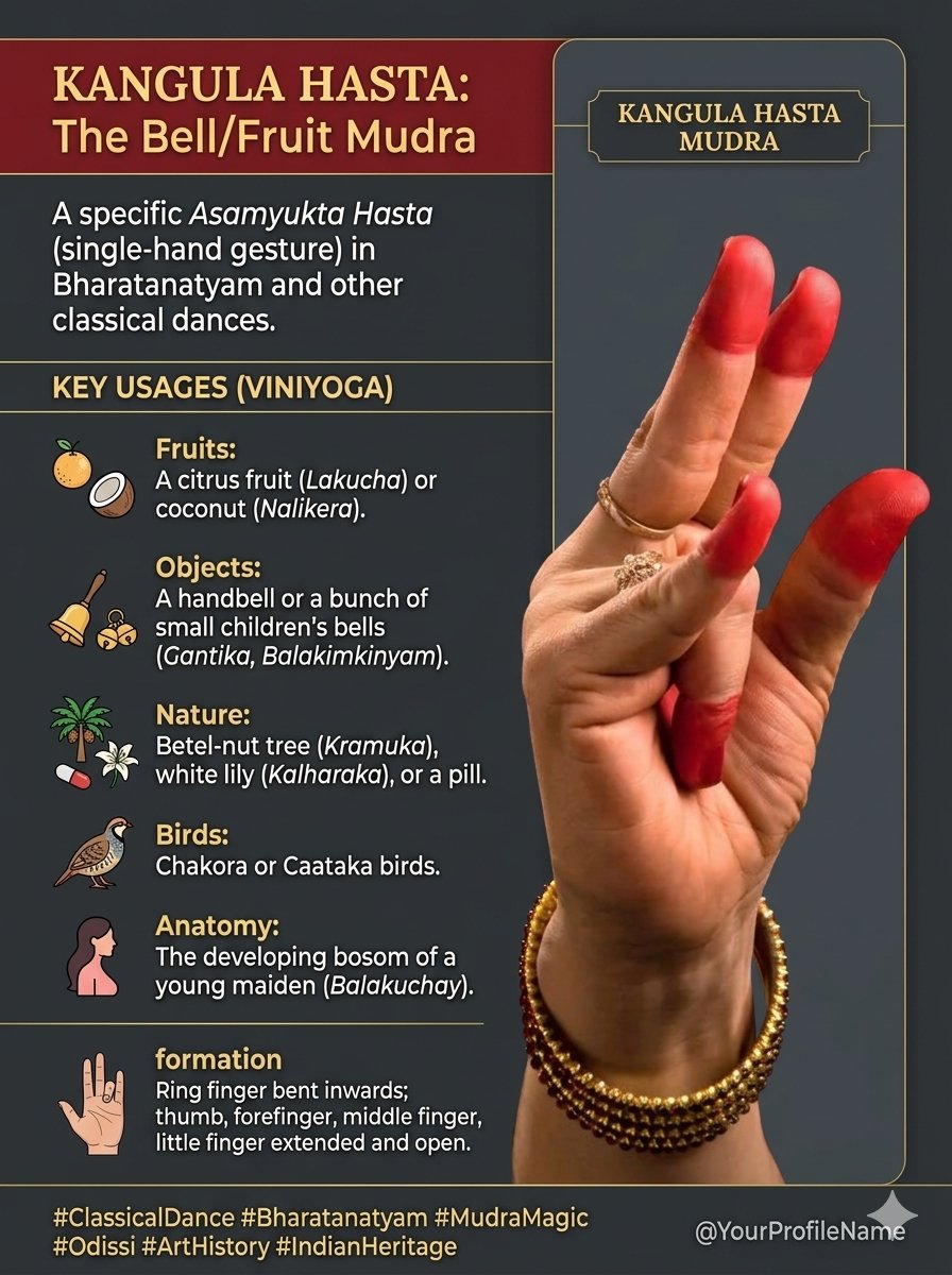 RRamadurga's tweet photo. Discover Kangula Hasta in Bharatanatyam! 🪕
Formed by bending the ring finger inwards while keeping the other fingers extended, this single-hand gesture (Asamyukta Hasta) is used to depict coconuts 🥥, handbells 🔔, white lilies 🪷, and mythical birds.
#Bharatanatyam #Mudras https://t.co/ksjKqzh7w7