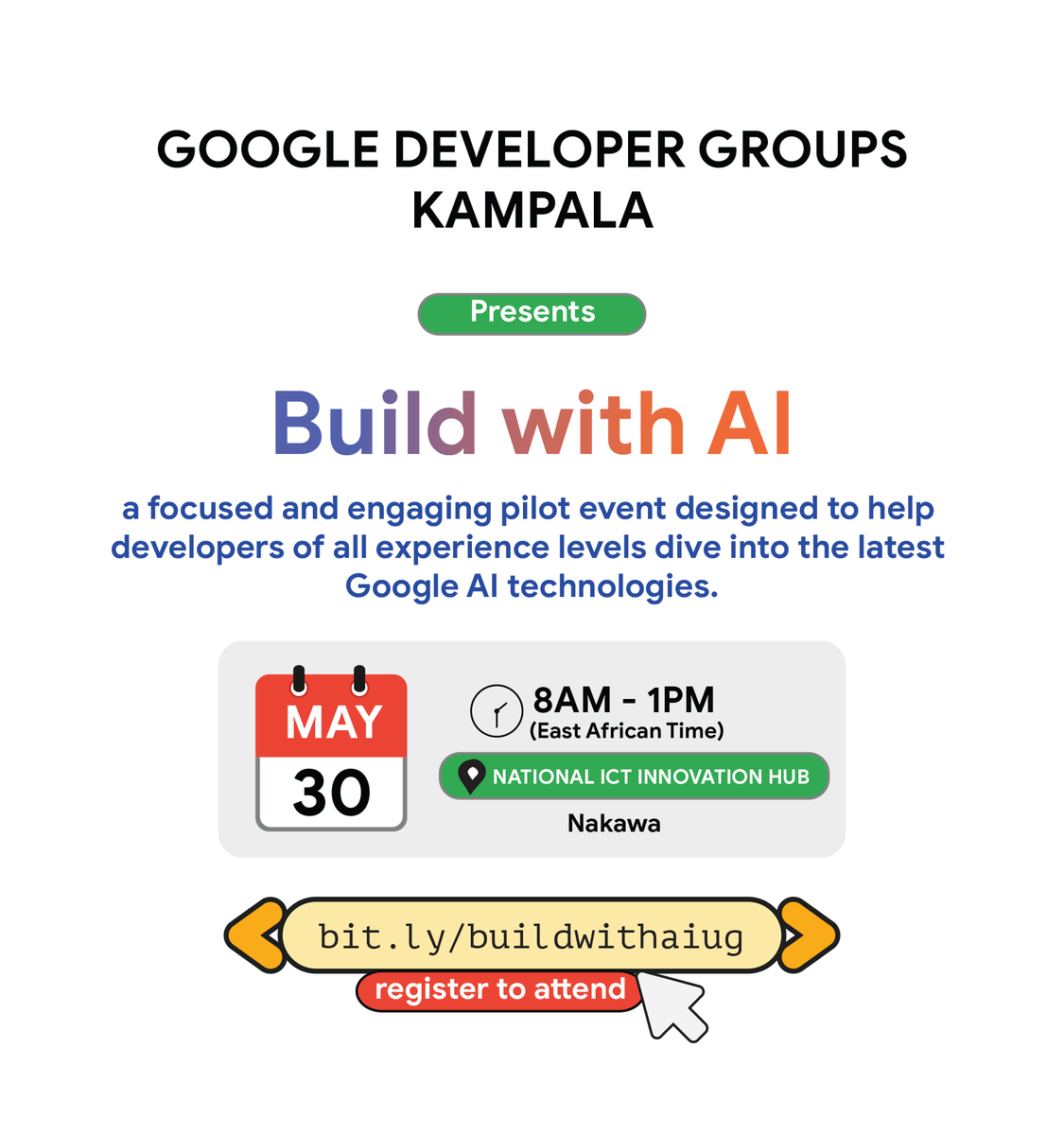 GDGCloudKampala's tweet photo. Developers in Kampala! 🇺🇬 
Don't miss out on Build with AI event to level up your skills with Google's newest AI tools. 

🗓️ May 30th | 8 AM - 1 PM EAT 
📍 National ICT Innovation Hub, Nakawa @innovationhubug 

Secure your spot here 👉 https://t.co/Fe3io69ed5

#BuildwithAI #AI https://t.co/8I3KAKtzOc