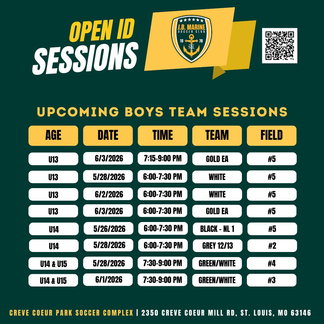 JBMarineSC's tweet photo. Glance at the week ahead - open ID sessions for boys teams!  Click on the link for more information, our handy age group finder or to register today! 💚🔥⚽
🔗 https://t.co/EluSkvV4qM https://t.co/8Md00C9Clz