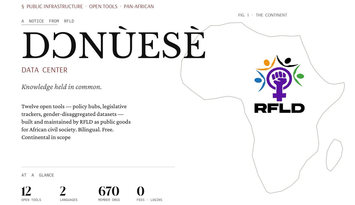 RfldOrg's tweet photo. Happy Africa Day 🌍

Today RFLD invites you to explore RFLD's DƆNÙESÈ — our Data Center of 12 free, bilingual tools (EN/FR) for African civil society.

DƆNƲESÈ is a West African word for knowledge held in common.

Explore 👉 https://t.co/8JlggSnSw0 https://t.co/JwiTX4bsE1