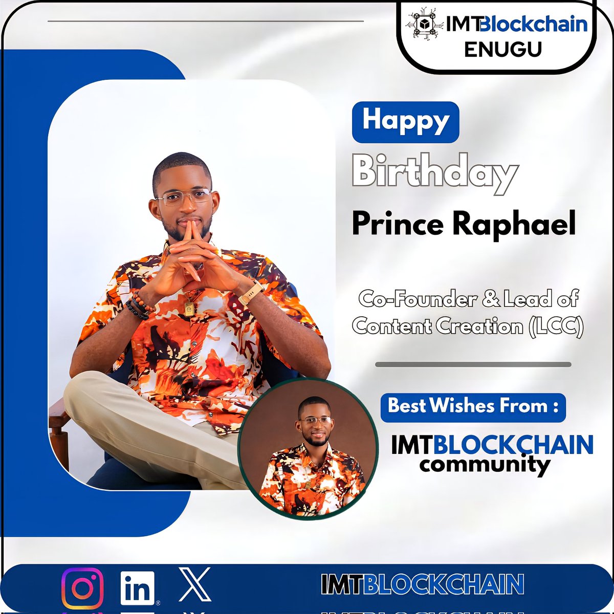 IMTBlockChain's tweet photo. Happy Birthday, @rapheldubem25 ! 🎉
Co Founder @IMTBlockChain Wishing you a year filled with massive wins, endless joy, and everything you’ve been working toward. Keep shining and enjoy your day to the fullest! ✨🥂 https://t.co/E9ZJ4v6d8c