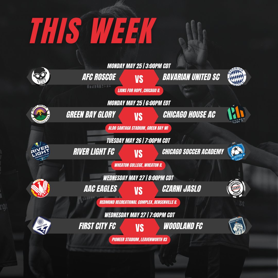 midwestpl's tweet photo. THIS WEEK: May 25-31

Memorial Day is filled with Heartland clashes that carry on through the rest of the week.

@mufcusl look to rally at home against a very impressive Goshen City.

A battle of unbeaten Heartland-2B sides headline a Saturday full of amazing contests. https://t.co/ZRCrDbKgn1