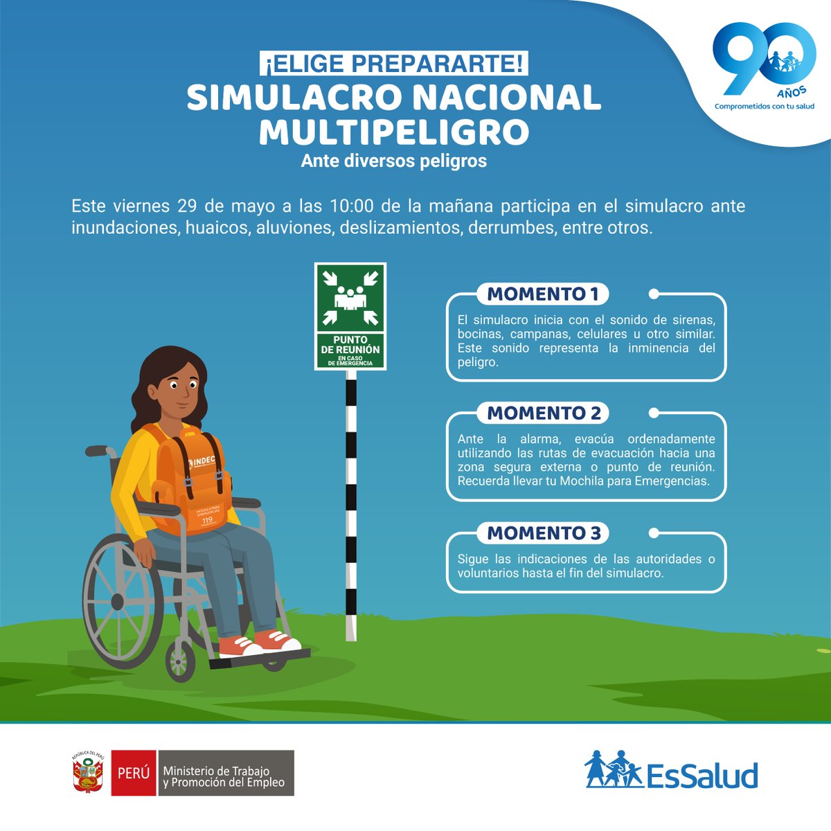 EsSaludPeru's tweet photo. Las emergencias no avisan❗

Tú, ¿estás listo para responder ante una? 😉
Elige prepararte y participa del I #SimulacroNacional2026.

📆 Viernes 29 de mayo
🕒 10:00 a. m.

#EsSalud #Prevención #Emergencias #SaludParaTodos #Bienestar #Perú #Simulacro #Preparados https://t.co/Ww4TxA9BgR