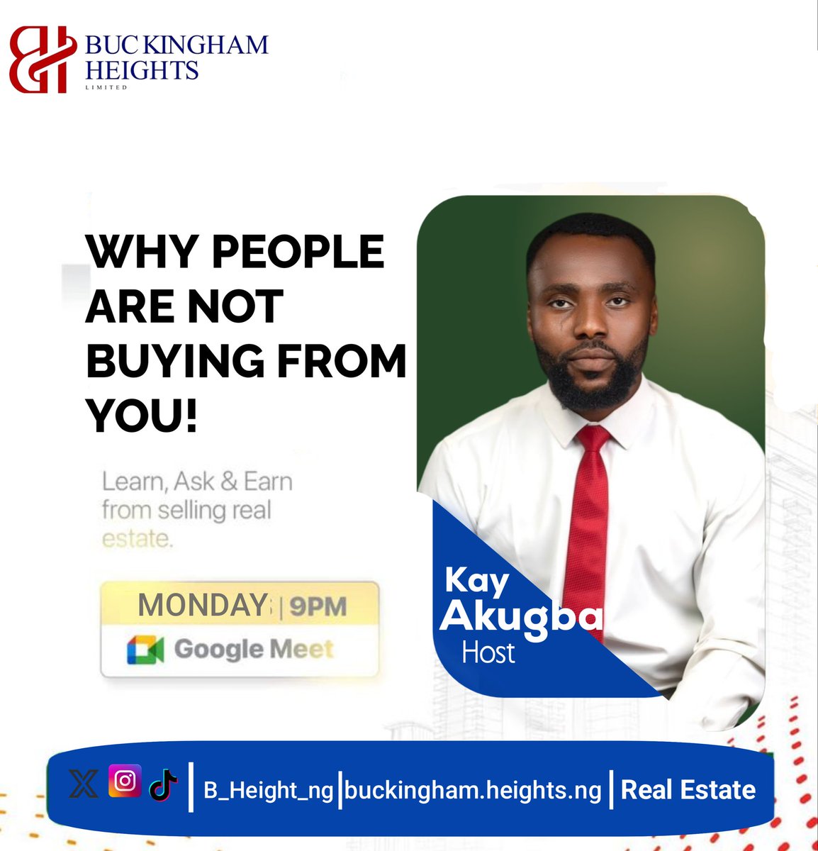 B_heights_ng's tweet photo. Do well to invite your friends or colleagues who are interested in going into the real estate space, It promises to be educative, inspiring aswell setting you on track for your next big sale
Time: 9PM Prompt
Date: 25-05-2026
Host: Kay Akugba
Link below 👇 
https://t.co/XYDYJmVyUu https://t.co/0ExWBSd8lq
