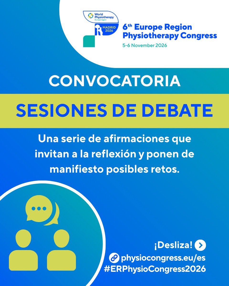 Icofcv's tweet photo. 🚨 Nueva oportunidad para participar en los 3 grandes bloques del programa científico del #ERPhysioCongress2026

👐 Talleres Clínicos
🎤 Sesiones de Charla
💬 Sesiones de Debate

📅 Envía tu propuesta antes del 5 de junio de 2026 ⤵️

https://t.co/AEOu78MuIb

#Fisioterapia https://t.co/S5FPldG9ya