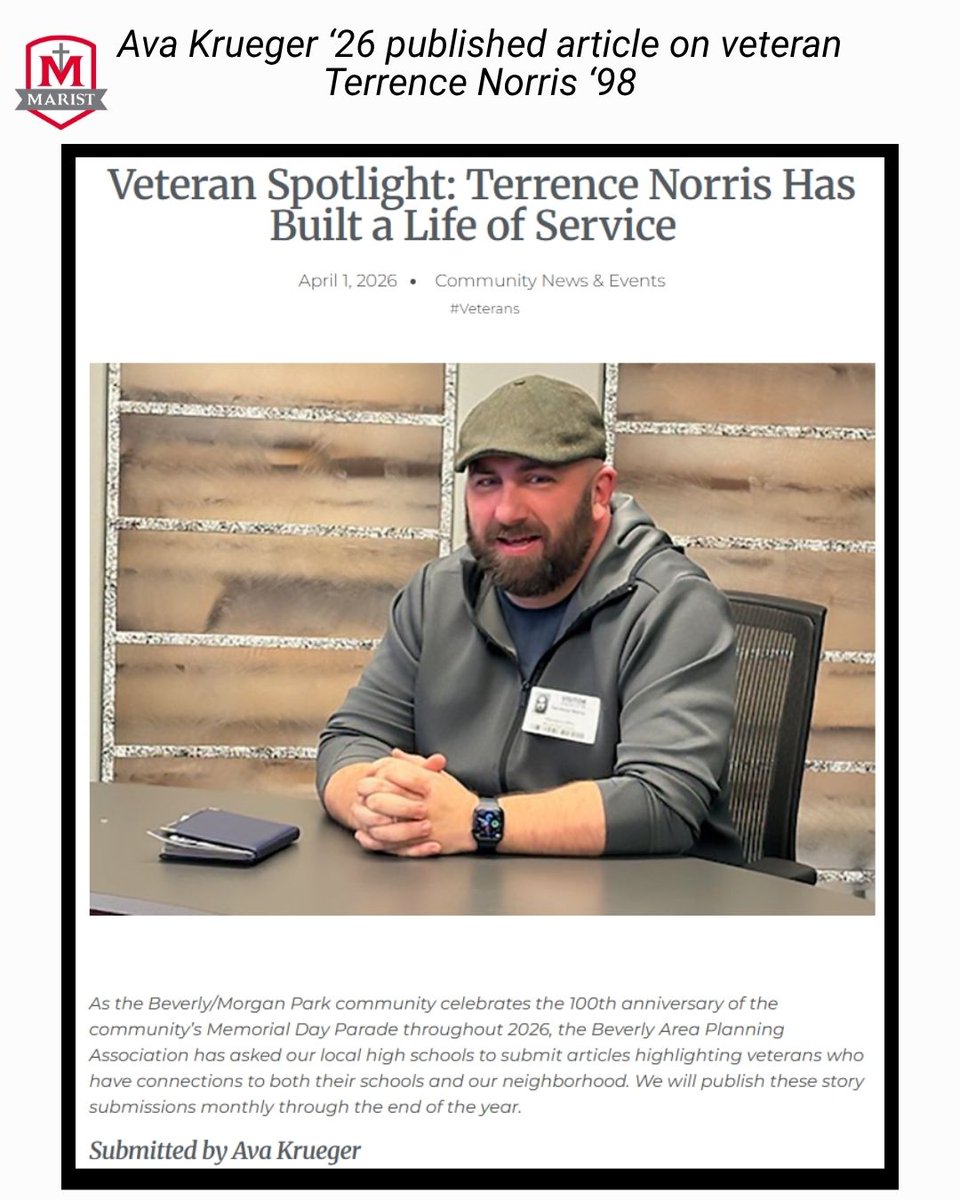 MaristChicago's tweet photo. Back in February we shared that students in Advanced Journalism held a press conference with Terrence Norris ’98, an Illinois Army National Guard veteran. We're excited to now share that Ava Krueger's article on Norris was published. Click to read: https://t.co/VwwLngS2FX https://t.co/uVhp94cfGm