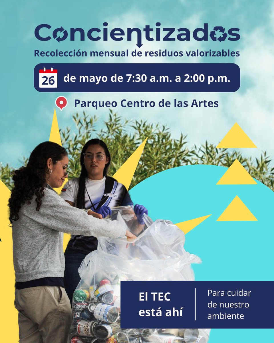 Teccr's tweet photo. ♻️🌎 ¡Volvió #Concientizados en el TEC!
Llevá residuos valorizables limpios y separados este 26 de mayo y aportá a una cultura ambiental más responsable 💚
📍 Campus Central Cartago
🎁 Además, podés ganar ecoins. https://t.co/nvwFiPQJNg
