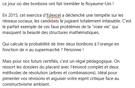 MegamathsTweets's tweet photo. L'exercice d'Hannah et ses bonbons a traumatisé le Royaume-Uni en 2015 ! Faux problème concret mais vrai défi de probas. Idéal pour muscler votre préparation CAPES. Enoncé et double correction à découvrir !
https://t.co/yBlIvDoIgD
#Maths #Probabilités #Enseignement #MathsHumour https://t.co/QWRLLoc6Tr