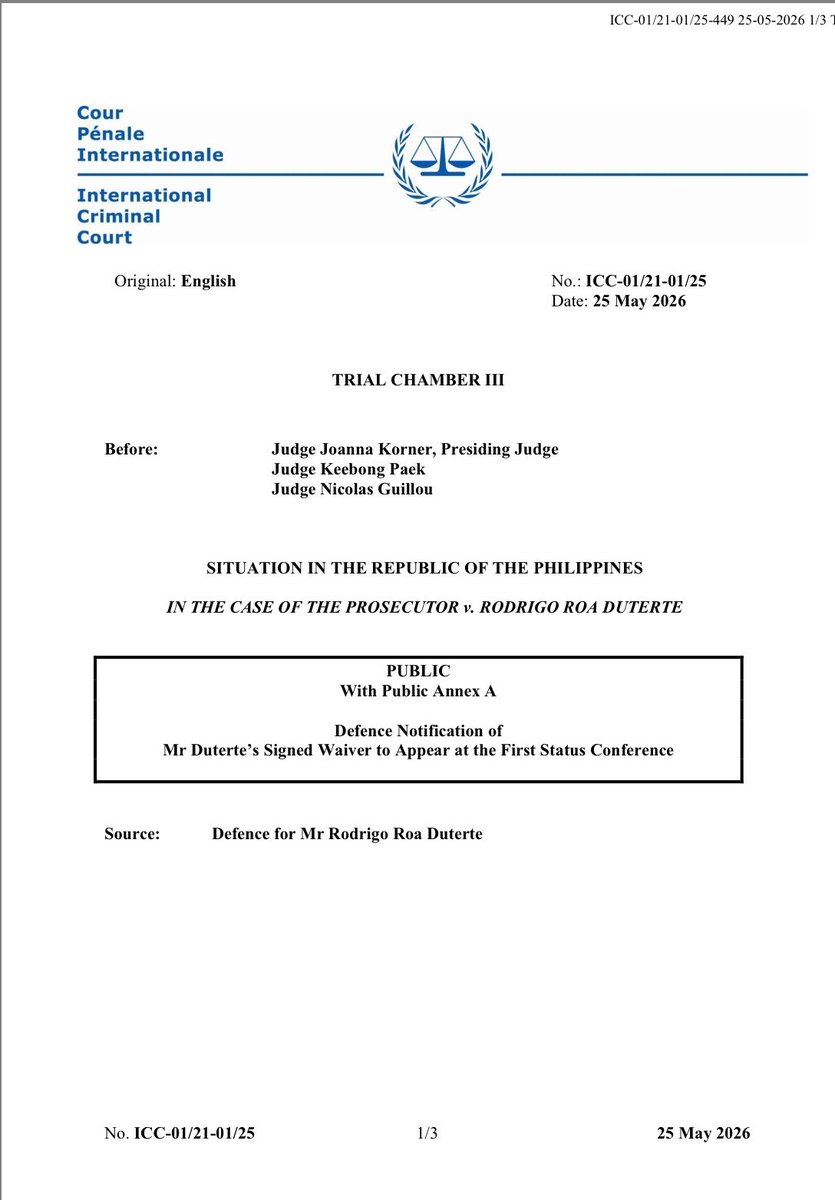 LTRecacho's tweet photo. DUTERTE TO SKIP FIRST ICC STATUS CONFERENCE

READ: Former president Rodrigo Duterte waived his right to appear at his first status conference at the ICC scheduled on Wednesday, May 27.

Duterte will instead be represented by his legal counsel. | 📸: ICC @inquirerdotnet https://t.co/MN9r3NjSV4