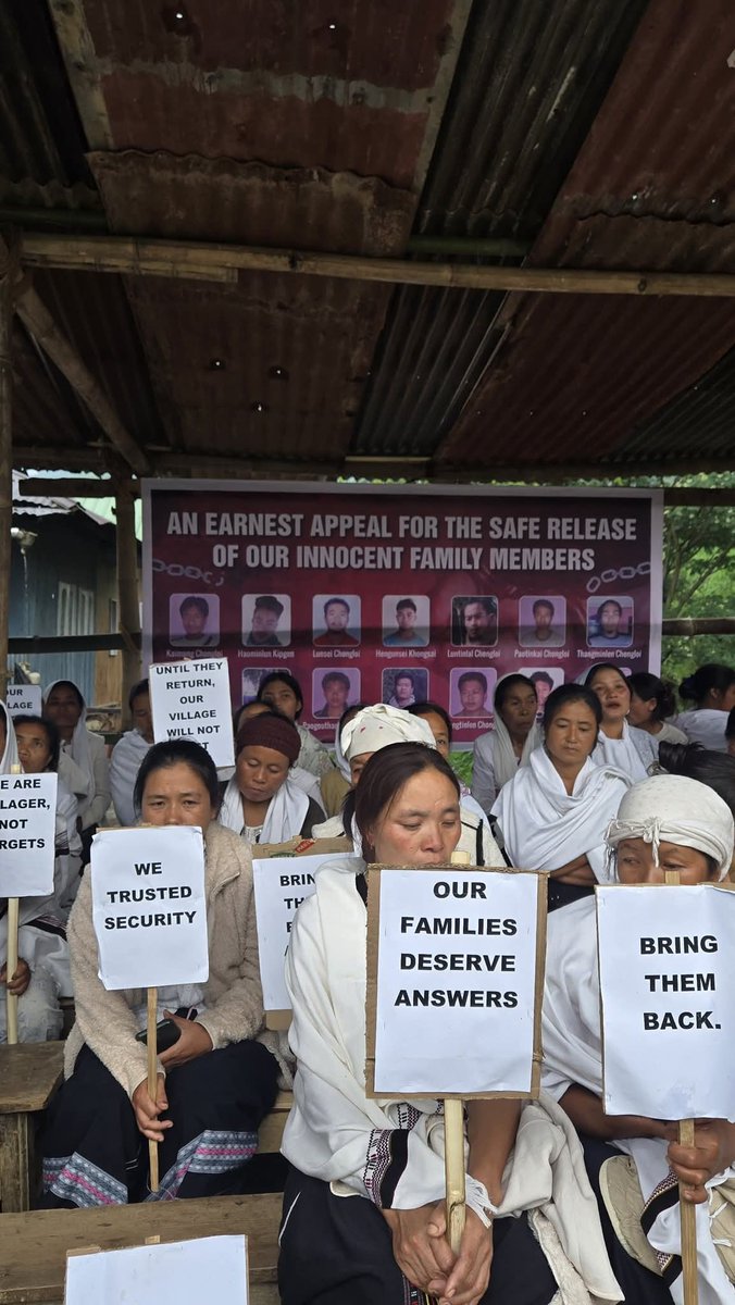chinkukimizogin's tweet photo. Taphou Kuki Villagers Hold Sit-in Protest Demanding Release of 14 Hostages

Kangpokpi, 25 May 2026: – Residents of Taphou Kuki village in Kangpokpi district staged a sit-in protest on Monday, demanding the unconditional release of 14 villagers allegedly held hostage by Senapati district-based Naga(Manipur Naga) civil society organisations led by the Senapati District Students’ Association (SDSA).

Protesters, mostly women dressed in traditional white shawls, gathered within the village premises holding placards that read “BRING THEM BACK,” “OUR FAMILIES DESERVE ANSWERS,” and “WE TRUSTED SECURITY.” A banner behind them displayed photos of the detained individuals under the heading: “AN EARNEST APPEAL FOR THE SAFE RELEASE OF OUR INNOCENT FAMILY MEMBERS.”

According to demonstrators, the 14 villagers were allegedly taken hostage by SDSA-led Naga groups following the 13 May ambush in which three Kuki pastors were killed. The protesters termed the detention of civilians “inhumane” and said, “UNTIL THEY RETURN, OUR VILLAGE WILL NOT REST.”

The villagers appealed to authorities and concerned organisations to intervene immediately to ensure the safe return of the hostages and to prevent further escalation of tension in the area.

The protest comes amid an extended total shutdown across Kuki-Zo inhabited areas called by Kuki Inpi Manipur over the same incident.

#𝐂𝐇𝐈𝐊𝐈𝐌_𝐓𝐄_𝐀𝐖𝐆𝐈𝐍
@chinkukimizogin

#TaphouKuki #Release14Hostages #Kangpokpi #Manipur #SitInProtest #SDSA #KukiZo 

@YKhemchandSingh
@USCIRF @Channel4News @guardiannews @cnnbrk @AJEnglish @MailOnline @DailyMirror @DailyMailUK @standardnews @EveningStandard @itvnews @SkyNews @SkyNewsBreak @TheSun @GBNEWS @LBCNews @LBC @UNILAD @UNILADNews @ladbible @CNN @democracynow @HuffPost @theintercept @Channel4News @guardiannews @BBCWorld @BBCBreaking @Daily_Express @DailyMailUK @standardnews @EveningStandard @itvnews @GBNEWS @BreitbartNews @AmericanThinker @DrTurleyTalks @CosmanEmilSSTJ @ChristianPost  @DeclaracionDDMM   @india_NHRC @ISHRglobal @HRF @rights_india @RightsGAC