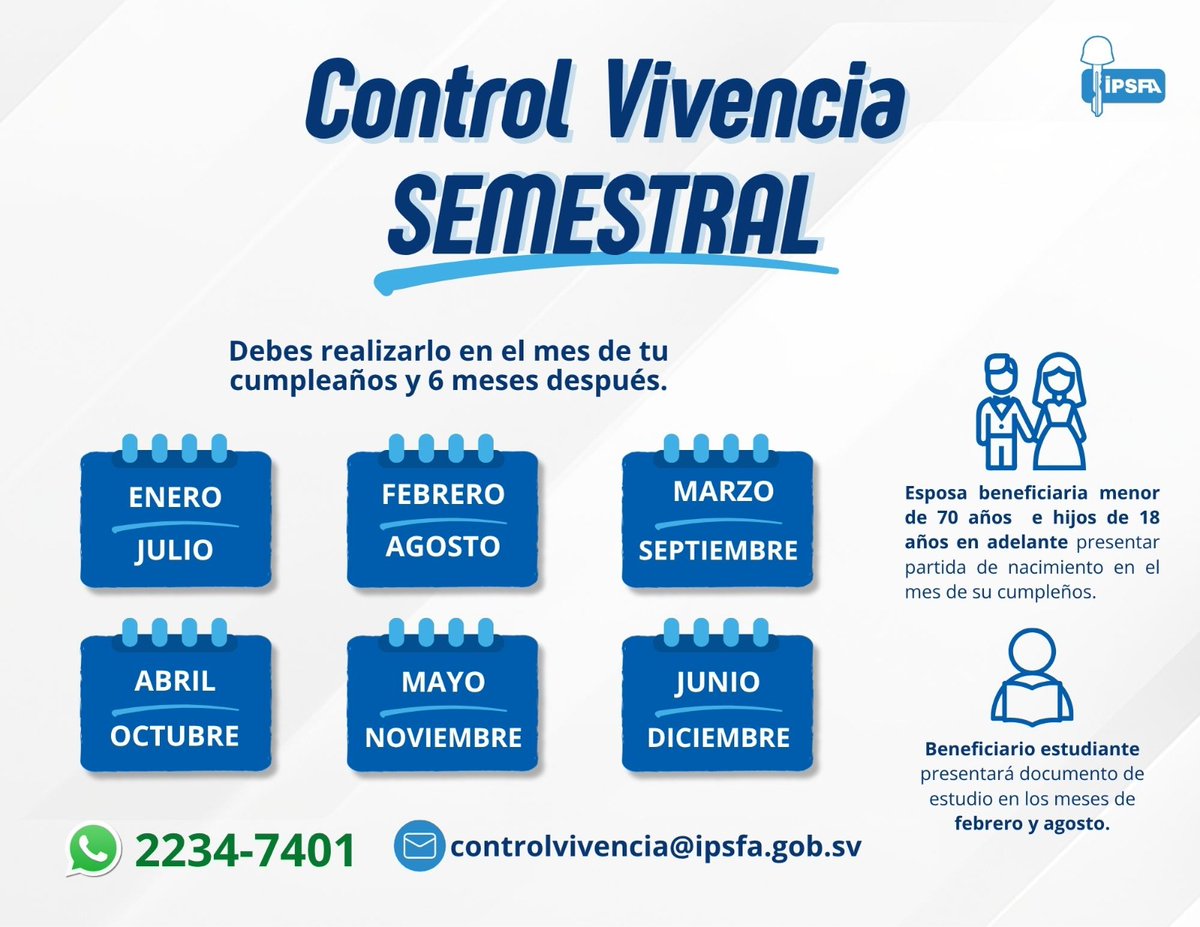Ipsfasv_'s tweet photo. No olvides realizar tu trámite de control vivencia:
🌀 Si eres pensionado por retiro reafiliado
🌀 Si eres pensionado por sobrevivencia
⚠️ Recuerda que el trámite se realiza el mes de tu cumpleaños y 6 meses después. https://t.co/xxPcOJ4HsL