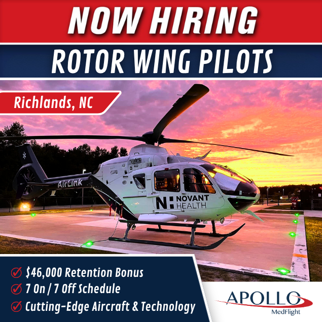 PilotHelicopter's tweet photo. Apollo MedFlight is actively seeking a skilled Rotor Wing Pilot in Richlands, NC.

🚁 7 on/7 off Schedule
🚁 $46,000 Retention bonus
🚁 Starting salary at $92,820 and an annual program stipend of $10,000

Apply here ➡️ https://t.co/EylGcGiPUl https://t.co/wFp3AihmZY