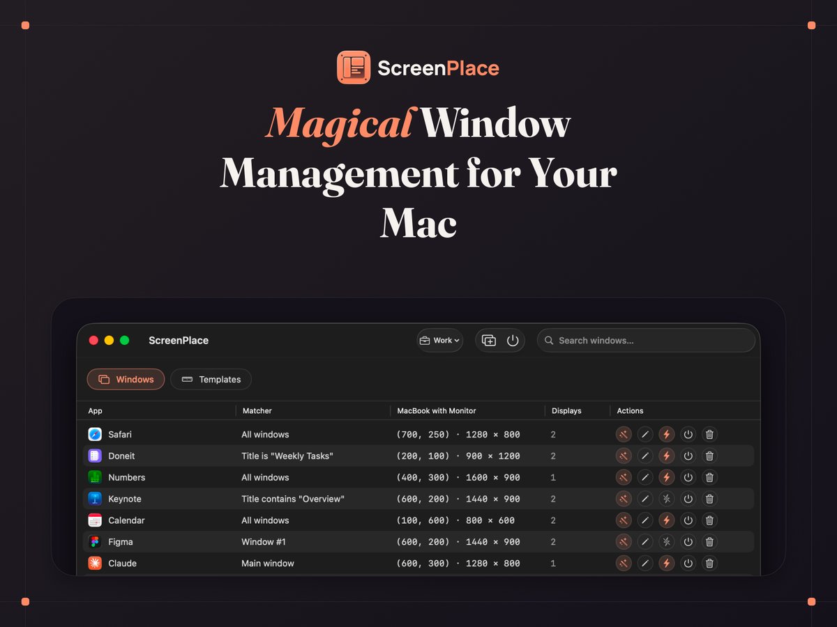 designtech_so's tweet photo. Introducing ScreenPlace, a magical window manager that remembers exactly where every window should be on your Mac and automatically puts it back in its place. Never rearrange or resize a window again because ScreenPlace can handle it for you automatically. ✨

#windowmanager https://t.co/mVbZMaOsgo