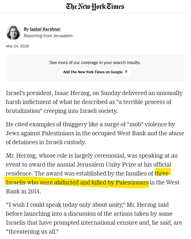 liron_libman's tweet photo. I agree with president Herzog, but why downplay violence against Israelis? These "Israelis" were teenagers who were murdered, not "killed" by Hamas operatives, in what Hamas leader called "a legitimate act of Palestinian resistance" you wrote about it yourself. @IKershner https://t.co/kkoM5AoGYn