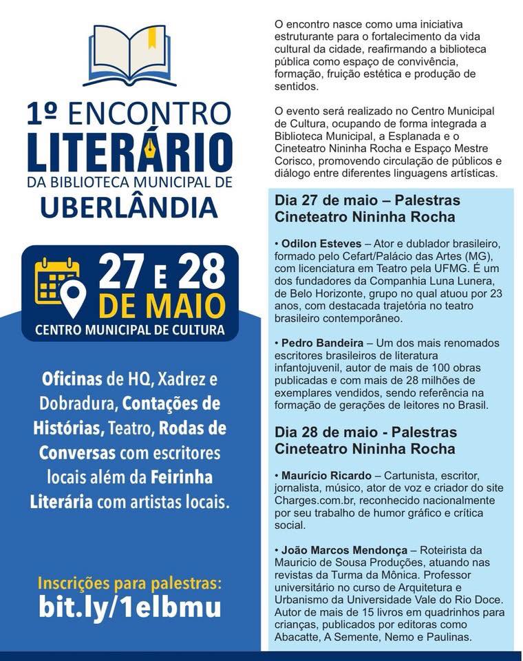 revistaobule's tweet photo. Você é nosso convidado especial para o 1º Encontro Literário da Biblioteca Municipal de Uberlândia, que acontecerá nos dias 27 e 28 de maio de 2026, no Centro Municipal de Cultura (Praça Professor Jacy de Assis, Centro – Uberlândia-MG). https://t.co/NzmJCooths https://t.co/rxgIMiiEzs