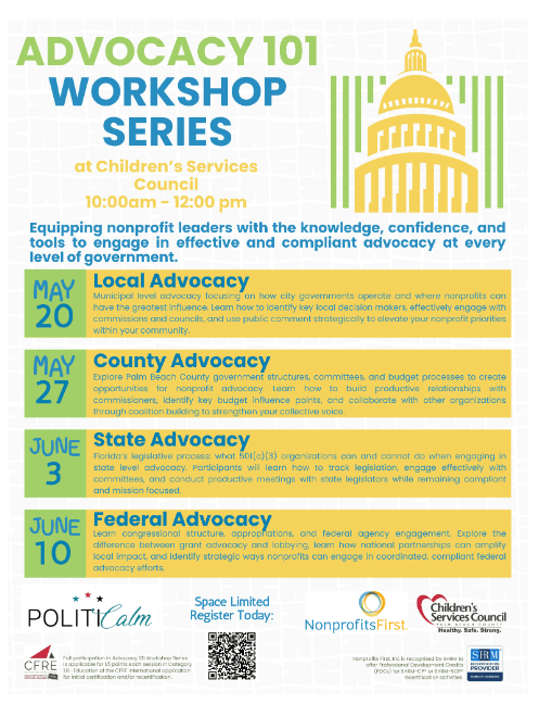 PolitiCALM_'s tweet photo. Join us this Wednesday for Session 2 of the Advocacy 101 Workshop Series with @NonprofitsFirst!

Presented by our CEO, @romelus_c.

📅 May 27, 2026
🕙 10 AM – 12 PM
📍 Children’s Services Council, Boynton Beach, FL

Register:https://t.co/a2CAQvfZxL

#AdvocacyEducatiion https://t.co/F0GxppGfzW