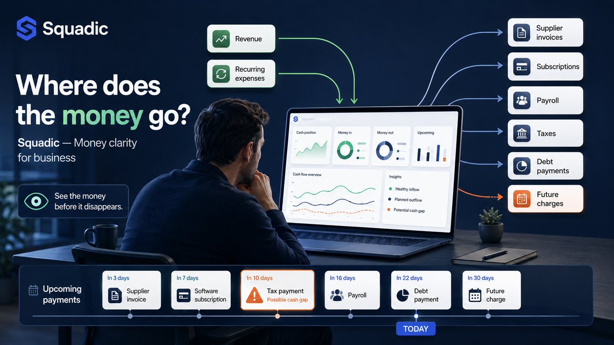 squadicai's tweet photo. Business payments are getting more complex.

Subscriptions, supplier invoices, logistics, taxes, salaries, service fees, debt payments, and future charges all pull money in different directions.

The problem is not only “how to pay”.

The real problem is visibility:

- what was already paid;
- what comes next;
- which costs are fixed;
- which payments can be moved;
- whether the business may face a cash gap;
- which expenses are not connected to real revenue.

Revenue can look fine while cash is quietly disappearing.

Before automation, businesses need a clear money management view.

Squadic helps business owners structure money, expenses, upcoming payments, and profitability in one simple planning workspace.

#Squadic #SquadicAI #fintech #payments #cashflow #businessfinance #moneyflow #financeops #smallbusiness #profitability