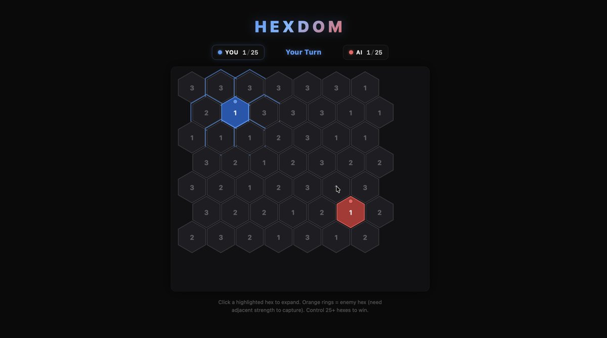 anonnux_'s tweet photo. Built a strategy game in my browser 🎮

HEXDOM — expand your territory, crush the AI, dominate the hex grid.

No download. No install. Just pure strategy.

🔵 You vs 🔴 AI — who controls the map wins.

https://t.co/ibxwAT35Z8 https://t.co/BWDIv5ROn4