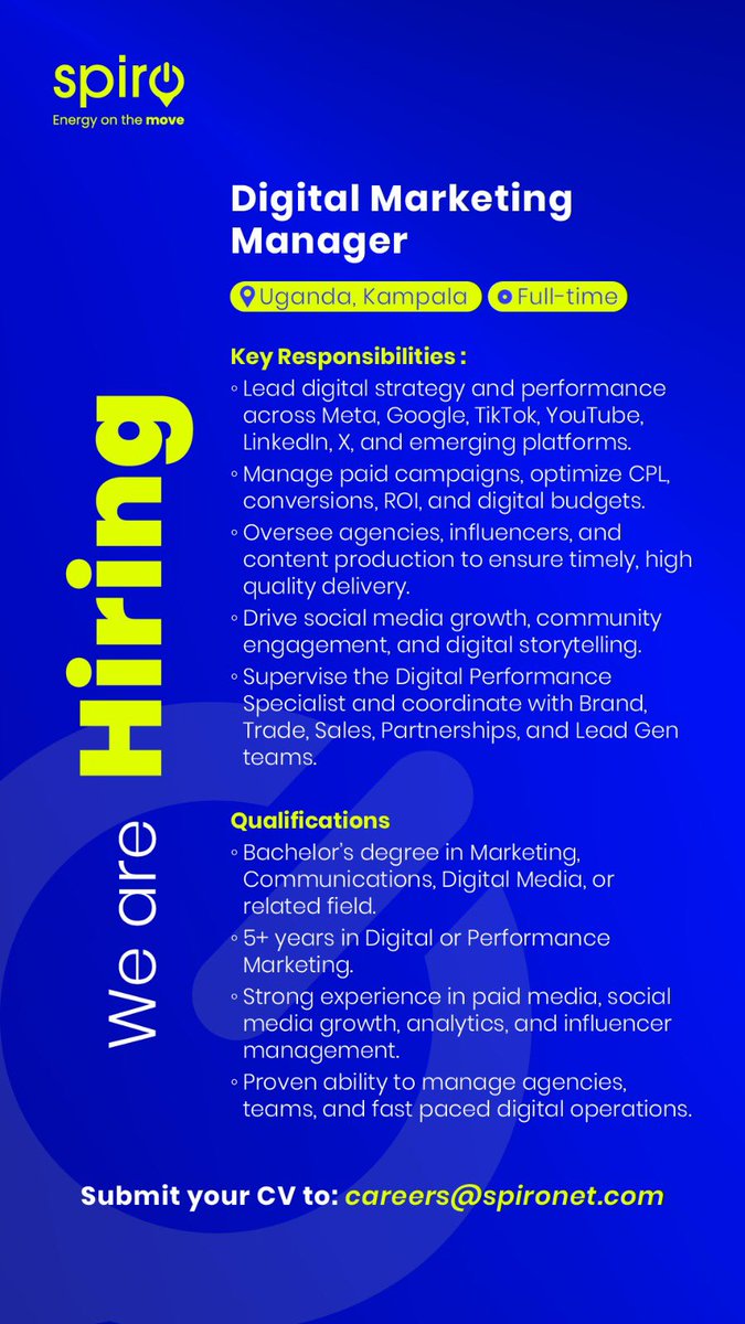 SpiroUganda's tweet photo. We are HIRING 📌 
See posters for details.

#SpiroUganda https://t.co/ozozSxJH5V