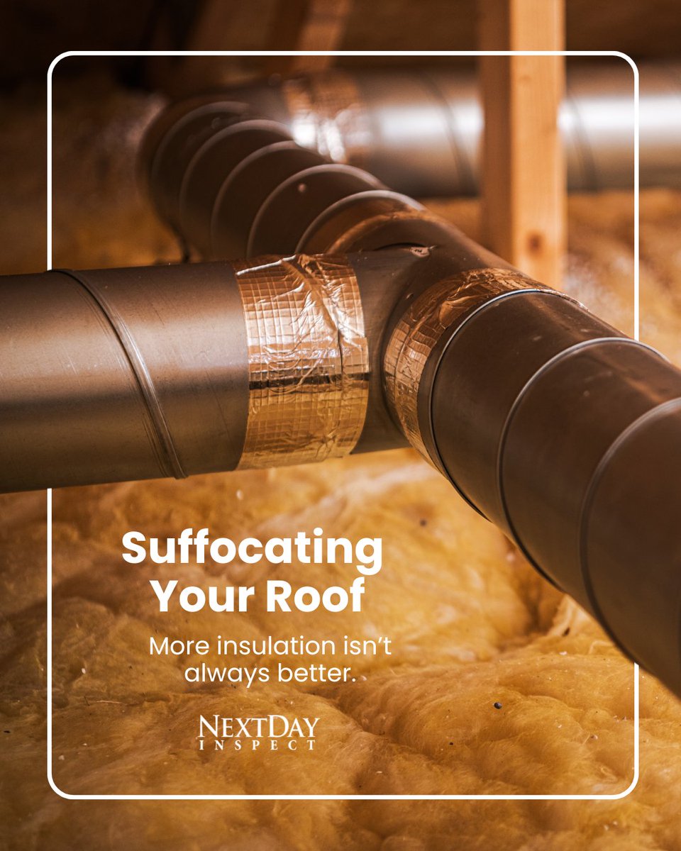 NextDayInspect's tweet photo. It’s a common DIY mistake: stuffing so much insulation into the attic corners that you completely block the soffit vents. Without proper airflow, heat and moisture get trapped, leading to mold and premature roof failure. Let the air breathe!
#DIYMistakes #HomeImprovement #AtticInsulation #SoffitVents #AirflowMatters #MoldPrevention #RoofMaintenance