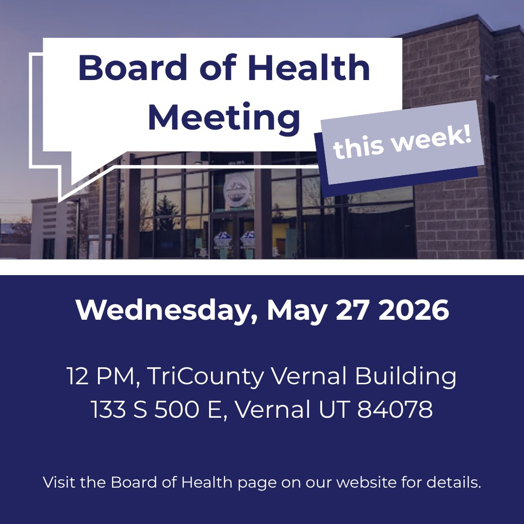 TriCo_Health's tweet photo. Our next Board of Health Meeting will be this Wednesday. This meeting is open to members of the public. You can find the meeting packet and other materials at https://t.co/lU215Gyd5g. 

#TriCHD #BoardofHealth #UintahCounty #DuchesneCounty #DaggettCounty https://t.co/Hms28W2WPZ