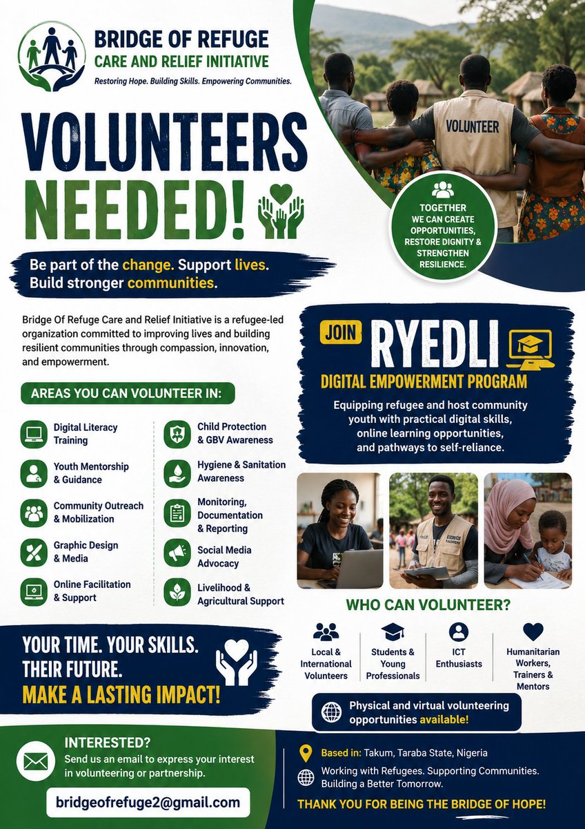 BridgeOfRefuge's tweet photo. 📢 VOLUNTEERS NEEDED!
Bridge Of Refuge Care and Relief Initiative is looking for volunteers to support digital literacy, youth empowerment, humanitarian outreach, GBV awareness, community development &amp; refugee support activities in Nigeria.
📩 DM to volunteer or collaborate. https://t.co/qVXZcqWk2a