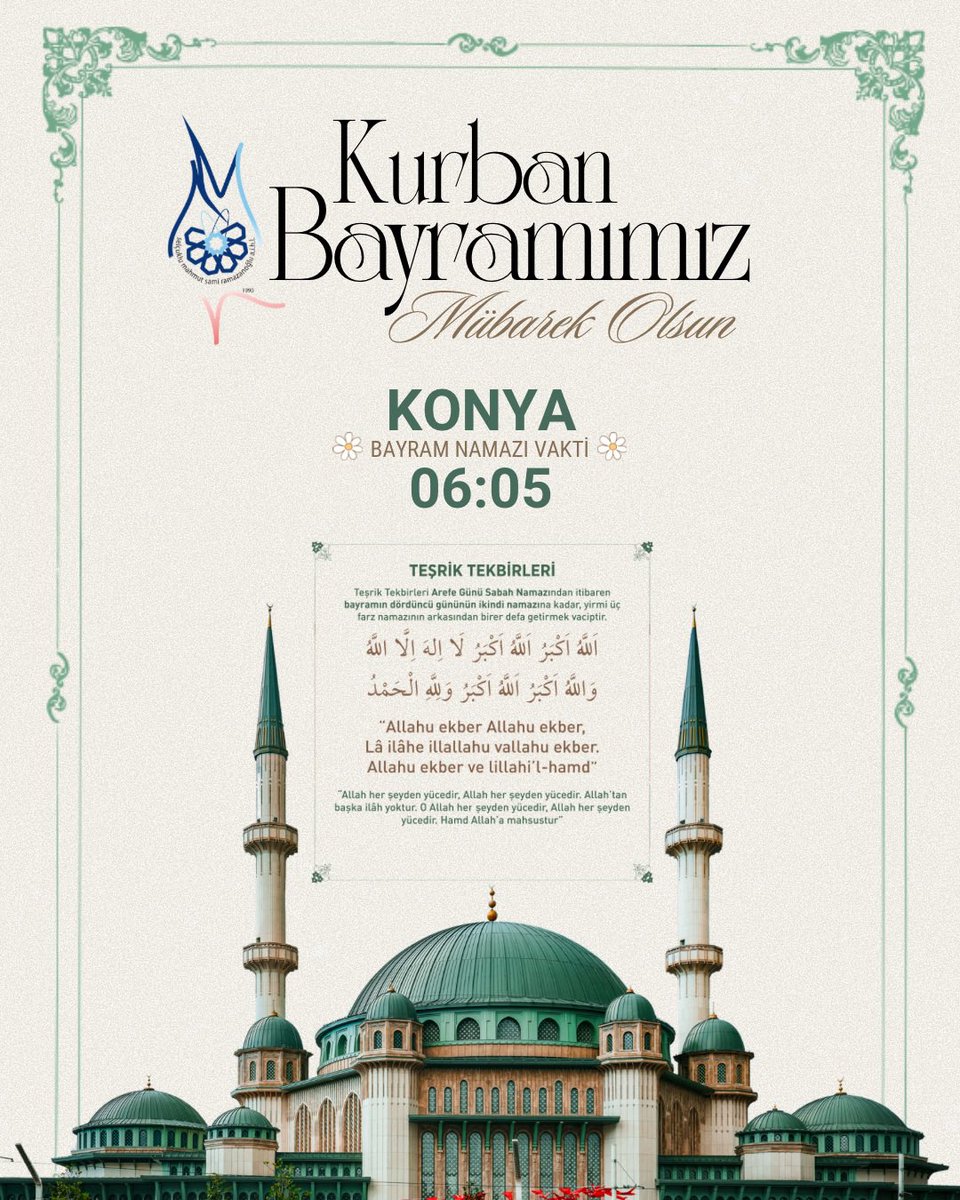 msr_anadoluihl's tweet photo. -KURBAN BAYRAMIMIZ MÜBAREK OLSUN-
/TEŞRİK TEKBİRLERİNİ UNUTMAYINIZ\
Kurban Bayramı; paylaşmanın, kardeşliğin, merhametin ve gönüllere dokunmanın en güzel vesilelerinden biridir.

Birlik ve beraberliğimizi güçlendiren, muhabbetimizi artıran bu mübarek günlerin; ülkemize, milletimize ve tüm İslam âlemine huzur, bereket ve hayırlar getirmesini temenni ediyoruz.

Başta kıymetli öğrencilerimiz, velilerimiz ve eğitim camiamız olmak üzere herkesin Kurban Bayramı’nı en içten dileklerimizle tebrik eder; sağlık, mutluluk ve esenlik dolu nice bayramlar dileriz.

Yarın arefe günü sabah namazı ile başlayarak bayramın dördüncü günü ikindi namazı ile sona erecek teşrik tekbirlerini getirmeyi unutmayalım. 

Kurban Bayramımız Mübarek Olsun.