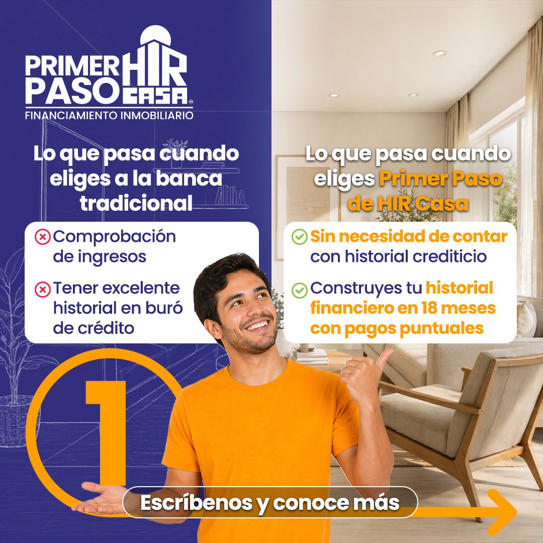HIRCASAMEXICO's tweet photo. Con Primer Paso de HIR Casa, puedes obtener tu propiedad sin necesidad de contar un historial crediticio o comprobación de ingresos.🙌
Construyes tu historial financiero en 18 meses para después iniciar con la adjudicación de tu inmueble 📋. https://t.co/o779wffAvY
