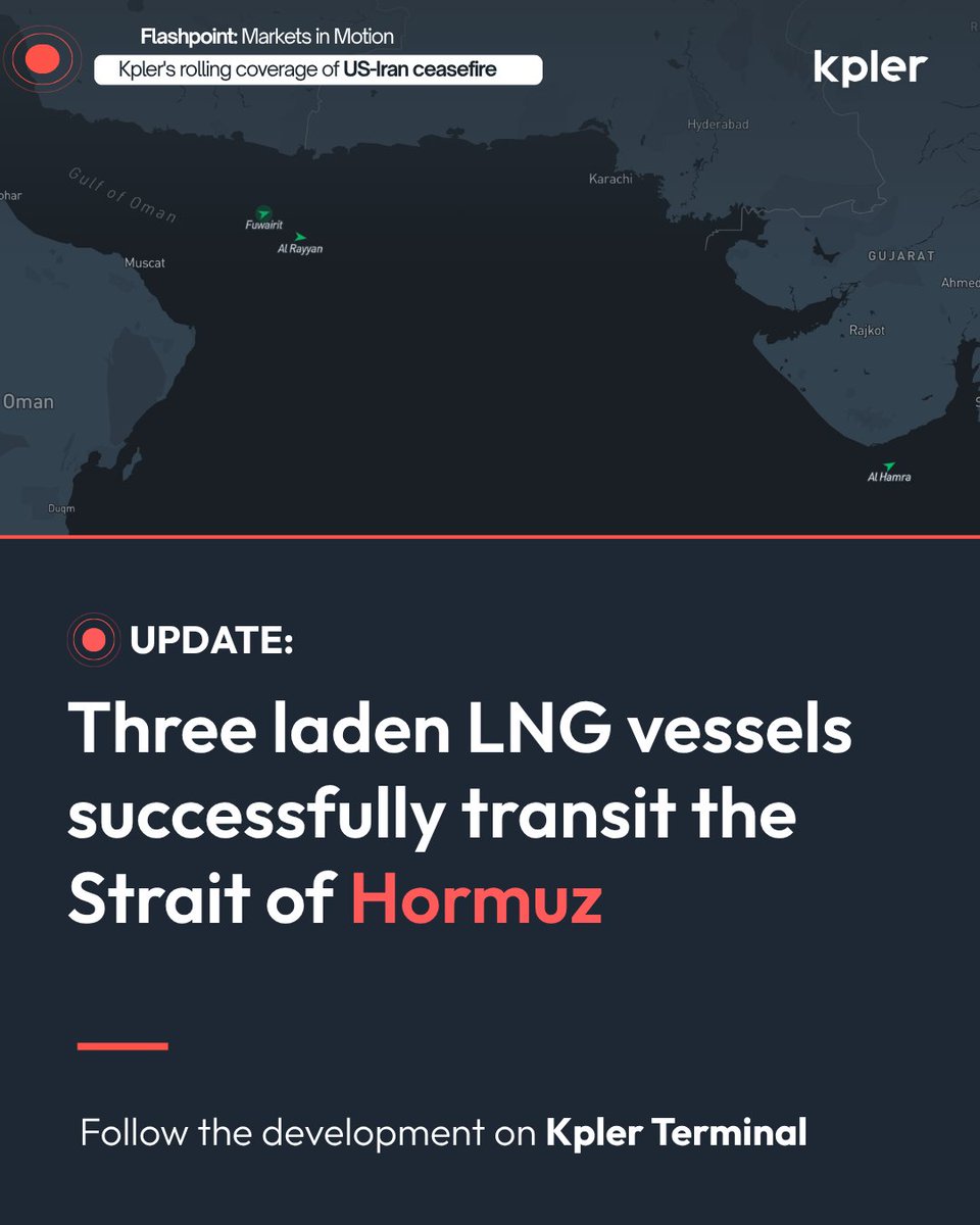 Kpler's tweet photo. Limited LNG shipments continue in the Strait of Hormuz

Three laden #LNG vessels transited the Strait of Hormuz over the weekend, reinforcing continued Gulf energy export flows despite elevated geopolitical risk. Al Hamra carried an ADNOC cargo from Das Island towards India, while Fuwairit and Al Rayyan transited the strait with QatarEnergy cargoes bound for Pakistan and China respectively.  This brings total laden transits to 7 since the start of the conflict. 

Stay ahead of the market with #Kpler Insight: https://t.co/Rj7uV0DsQ4