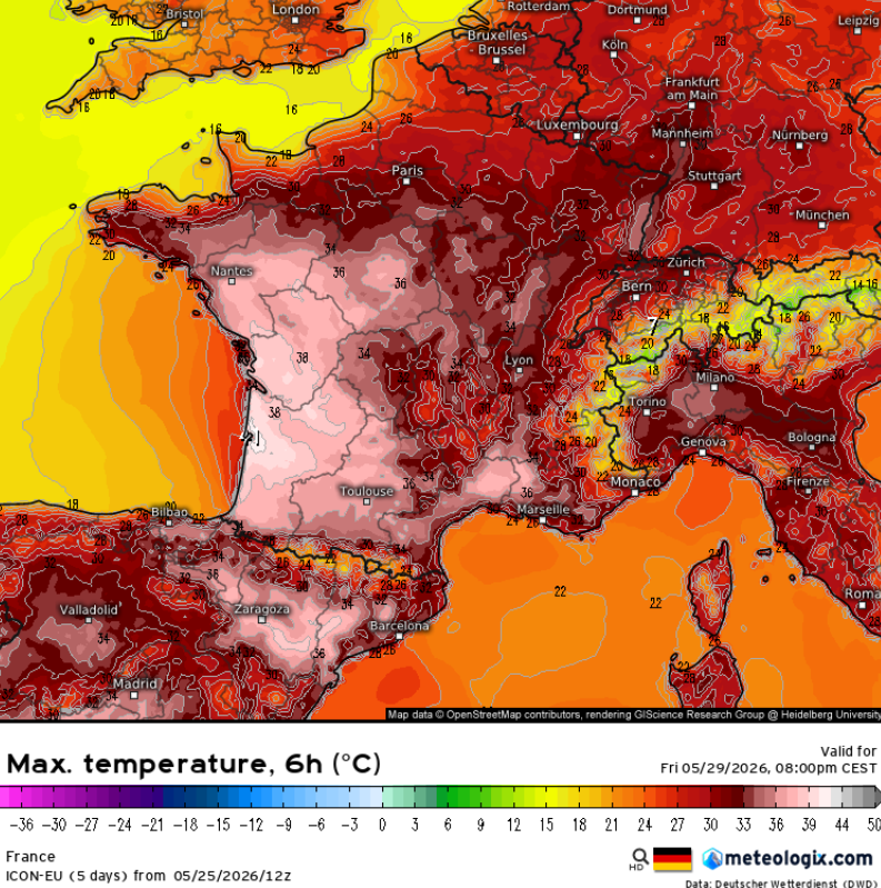 Thom_Wx's tweet photo. 🔴 À quelques jours de l'échéance, la tendance s'intensifie pour ce vendredi 29 mai. Les derniers modèles prévoient plus de 35°C sur la majeure partie de la France, et des pointes approchant ou dépassant les 40°C dans le Sud-Ouest. 
#meteo #climat #chaleur #france #sudouest https://t.co/770KBuCyvT