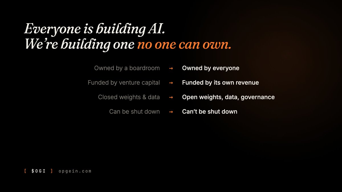 opgein's tweet photo. WHY OGI?

• Owned by its participants, not a corporation

• Funded by its own on-chain revenue, not venture capital

• Open weights, open data, open governance

• No single entity can shut it down

Intelligence should belong to everyone.