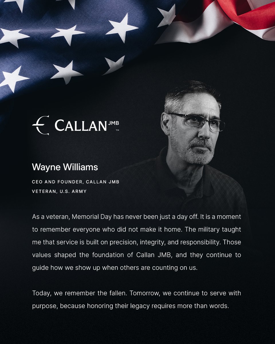 CallanJMBInc's tweet photo. 🇺🇸 This Memorial Day, we proudly honor all who have served our country. As a veteran-owned and family-operated business led by Wayne and Donna Williams, military values like dedication, integrity, teamwork, and service are at the heart of everything we do. 

We’re also proud to work alongside fellow veterans who continue to serve our community every day through their hard work and commitment.

Today and every day, we thank all veterans and military families for their sacrifice and service. $CJMB