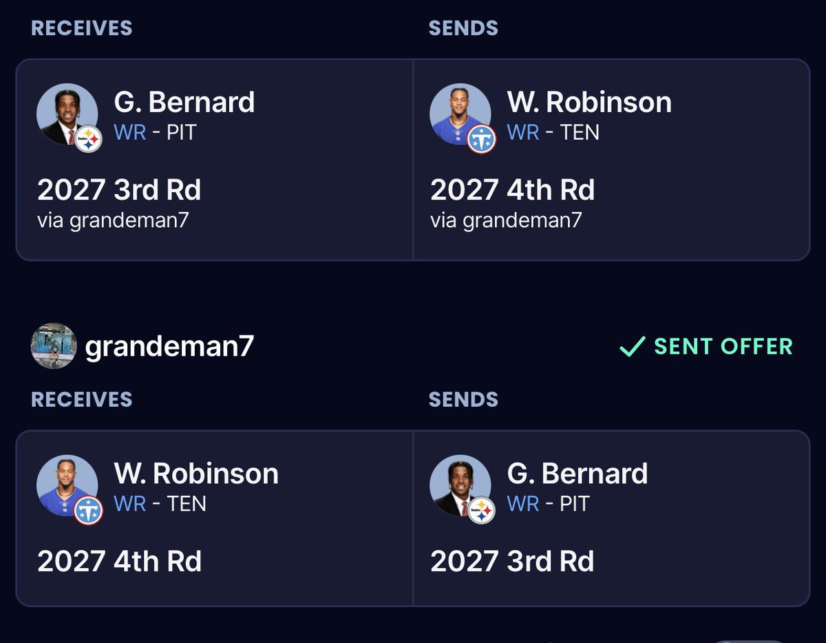 commishrhino's tweet photo. Was a busy man yesterday Pickens for the 1.02 my thought is take Tate to Stack with Ward but now I can also flip for Tet and I still have 1.04,1.06.2.04 and a 4th. The other one with Bernard was a tier down and get more 2027 draft capital the team is an orphan team and I’m in a rebuild with it. Franklin for a 2027 3rd honestly was a dart throw drade and I could afford giving up a 2027 3rd. All these are 1PT PPR leagues. Tell me the good bad or indifferent